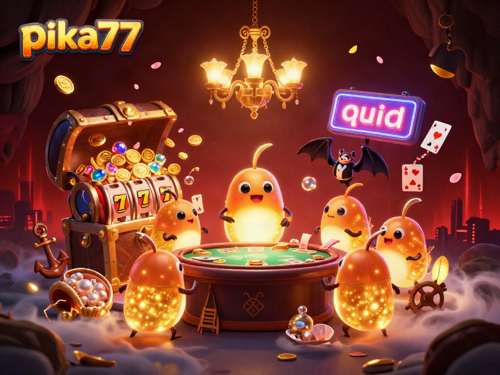 Experience the excitement of pika77's vibrant casino world with glowworms lighting up slot machines and cards.