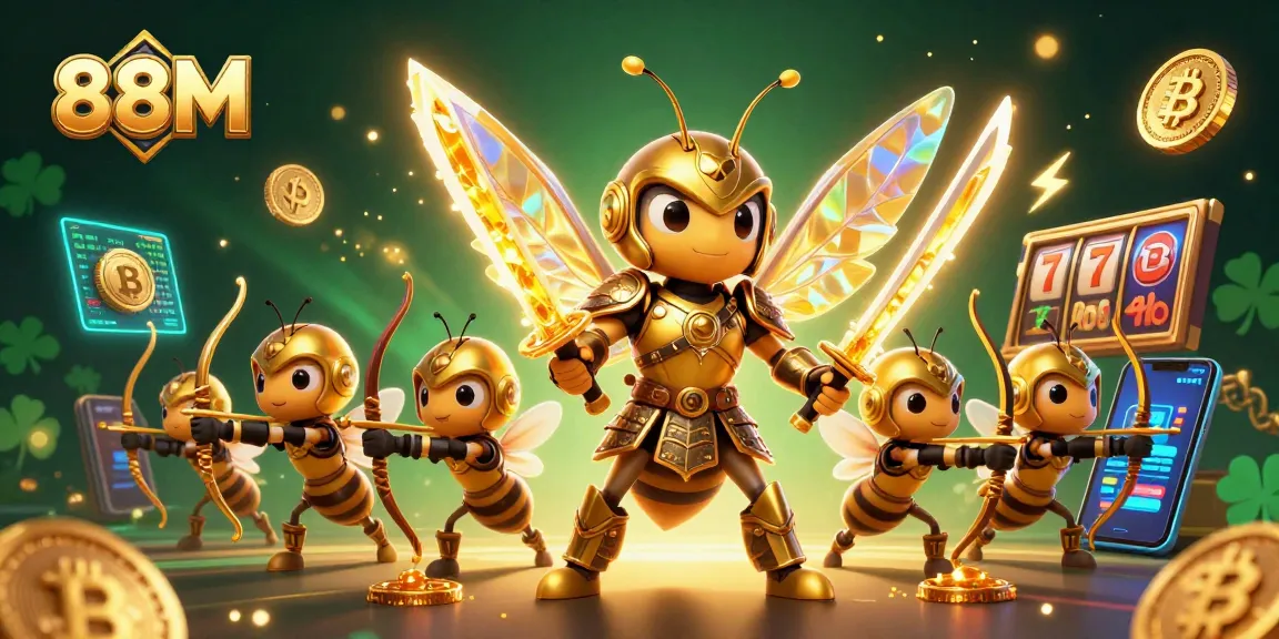 Experience the excitement of 88M with golden hornet and bee archers in a vibrant casino-themed illustration.