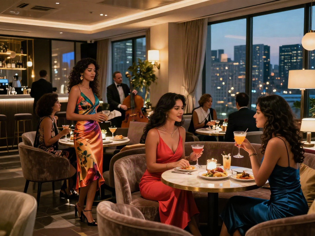 Call Girls socializing in an elegant urban lounge setting, showcasing vibrant dresses and cocktails.