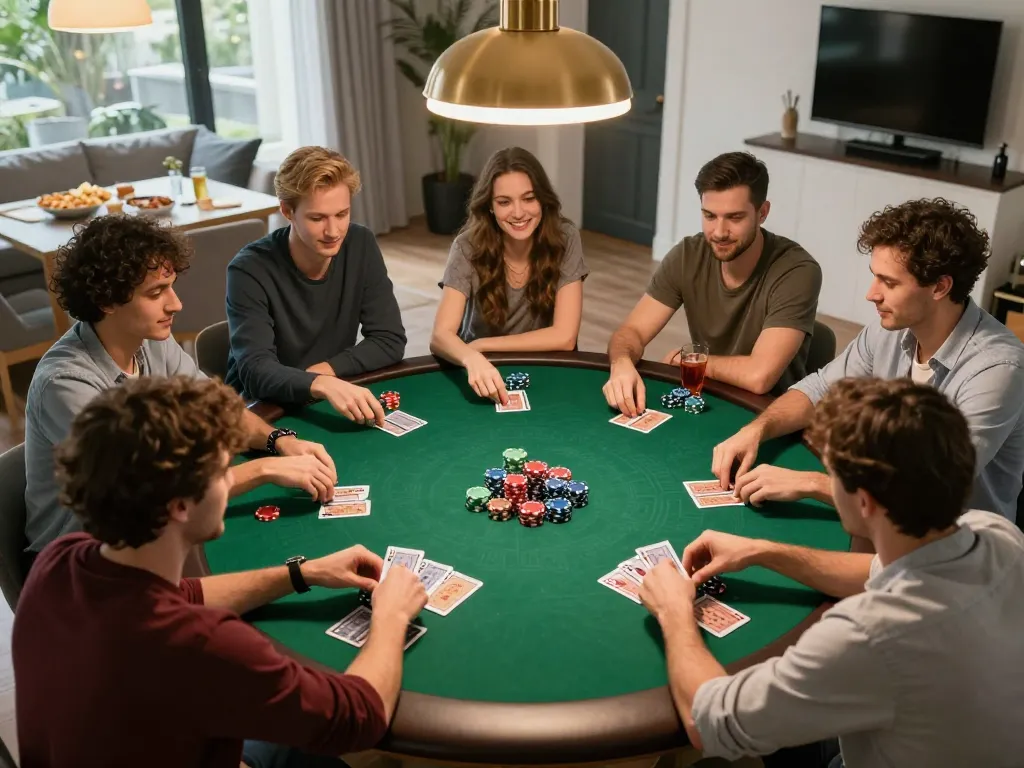 Friends enjoying a lively poker night atmosphere with TR88 chips in play and strategic card hands.