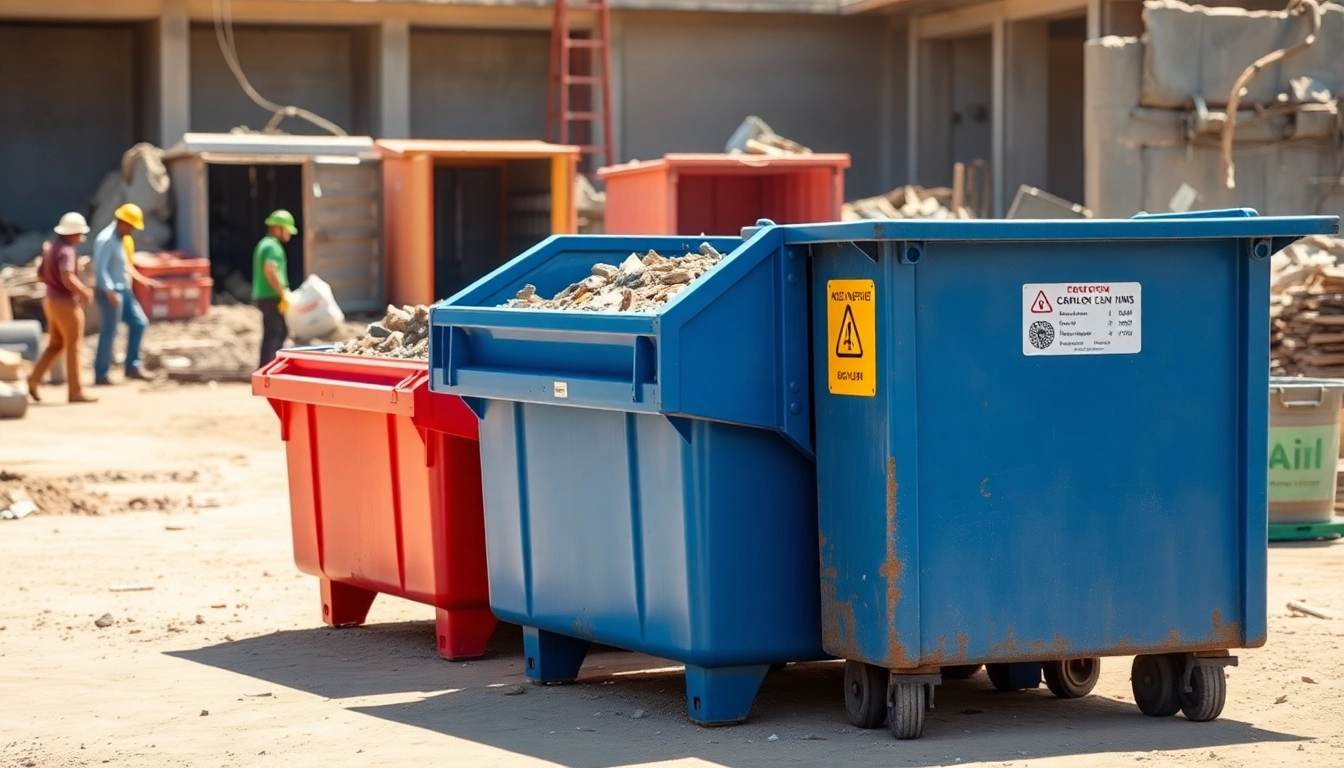 Organized garbage rental bins ready for collection at a busy construction site.