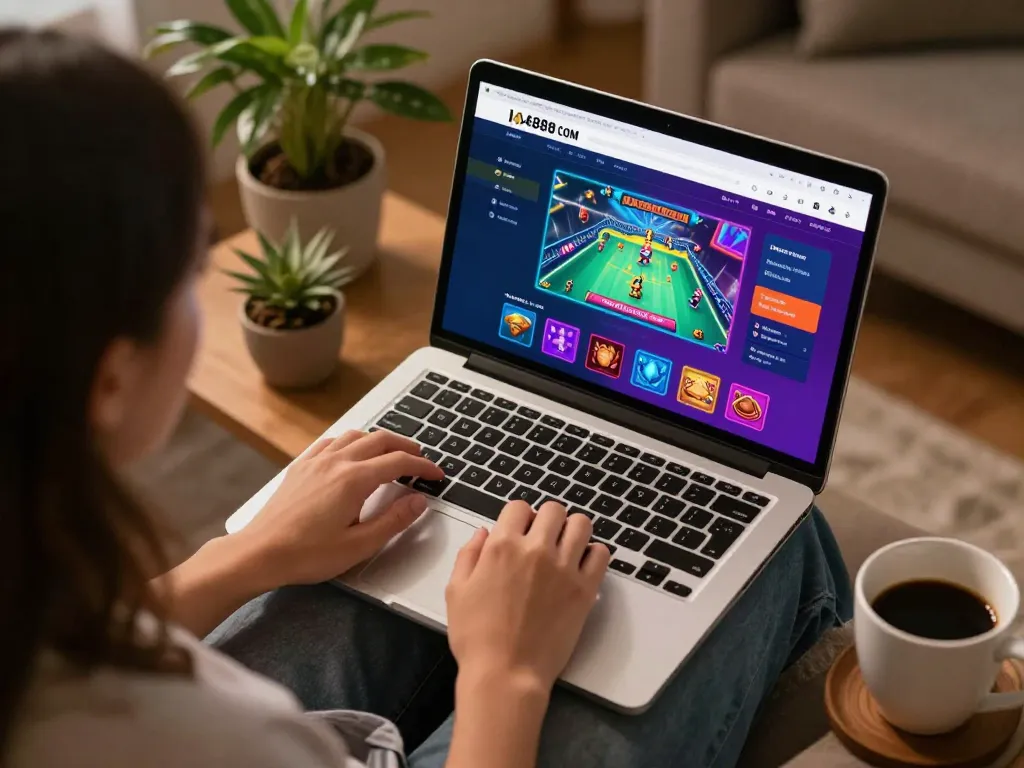 Playing on AE888 COM, enjoying a seamless online gaming experience in a cozy home setting.