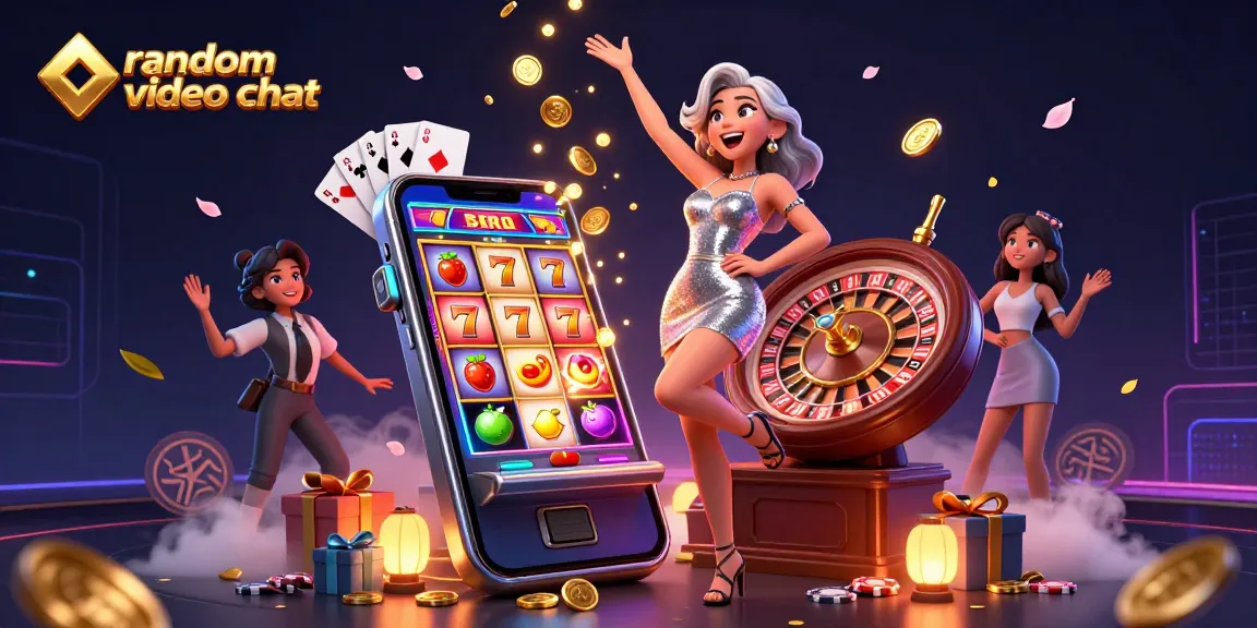 Engage in random video chat featuring a glamorous Asian woman celebrating a jackpot in a vibrant casino setting.