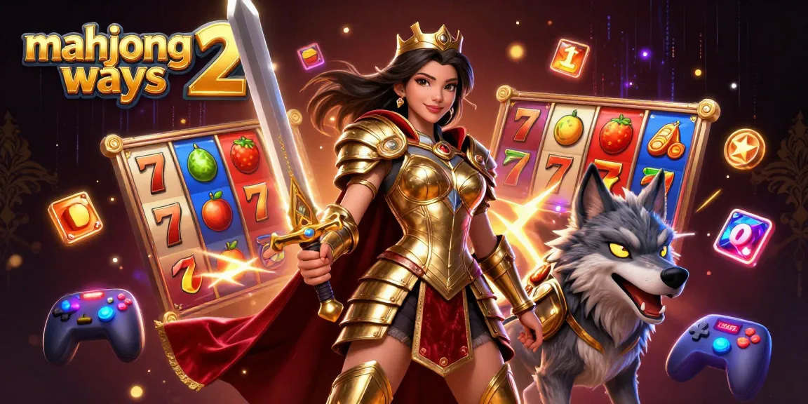 Engage with mahjong ways 2 in this vibrant scene featuring a warrior queen and her wolf companion, surrounded by slot reels.