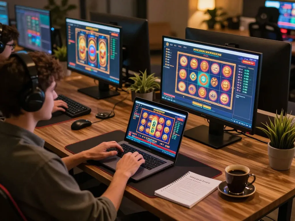 Engaging in online casino gaming at 8kbetbh with vibrant slot displays during a cozy evening.