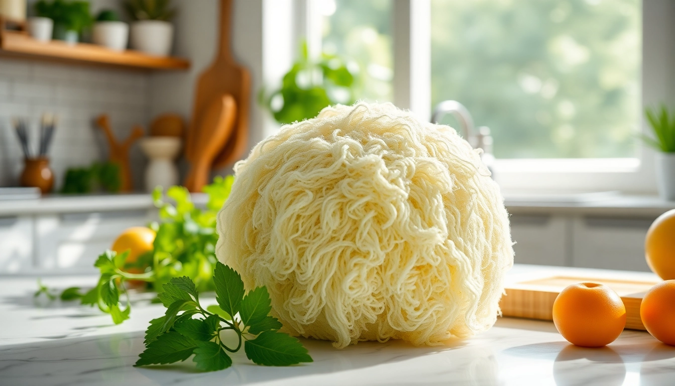 Showcasing the kitchen loofah benefits with a natural loofah, fresh herbs, and a bright kitchen background.