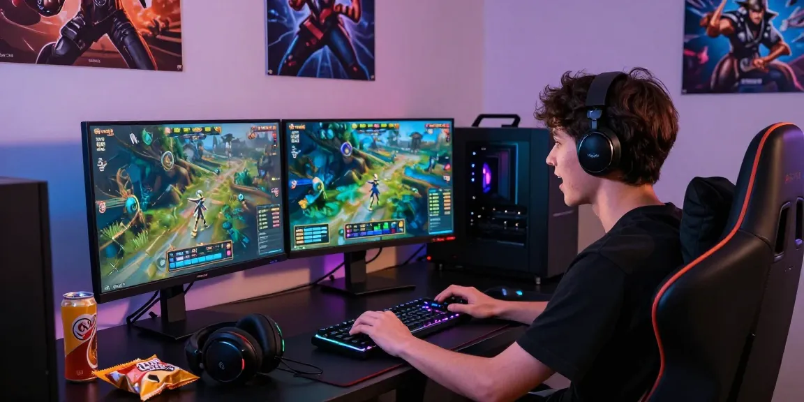 Engaging gaming setup showcasing cika4d excitement with vibrant dual monitors and snacks.