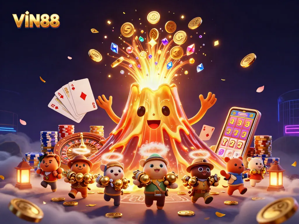 Experience VIN88's thrilling eruption of golden treasures and exciting casino elements in this vibrant illustration.