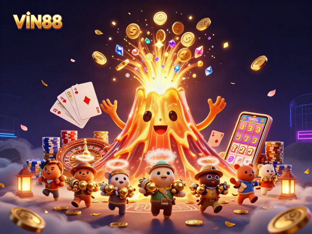 Experience VIN88's thrilling eruption of golden treasures and exciting casino elements in this vibrant illustration.