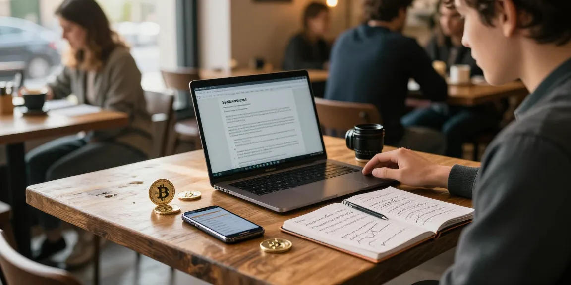 Bitcoin mining contract details displayed on a laptop in a coffee shop, enhancing crypto investment research.