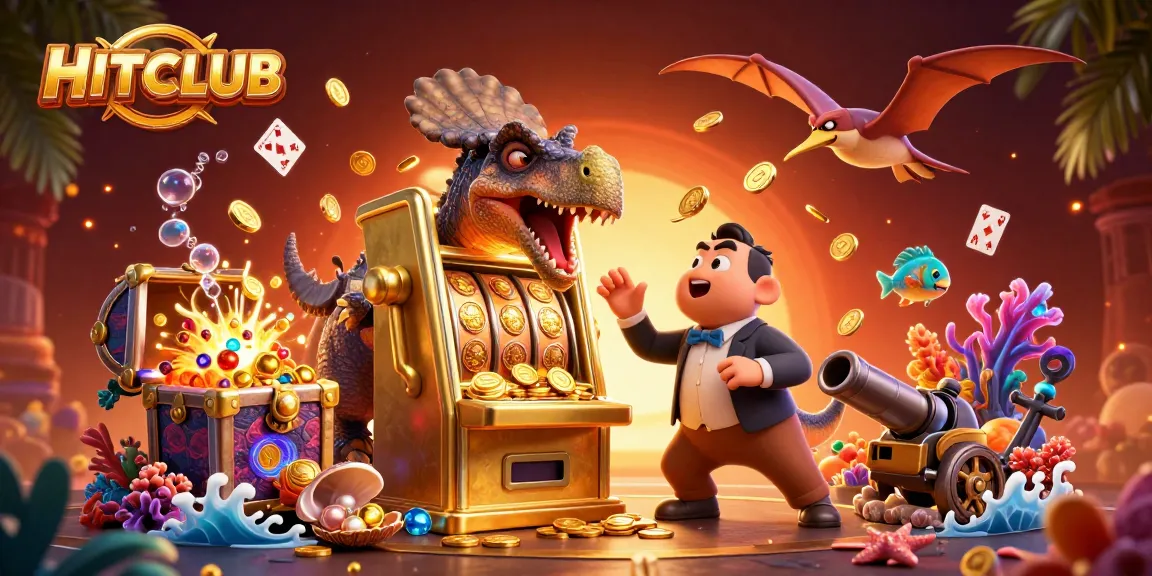 Experience HITCLUB's thrilling jackpot moments with vibrant 3D dinosaurs and casino elements!