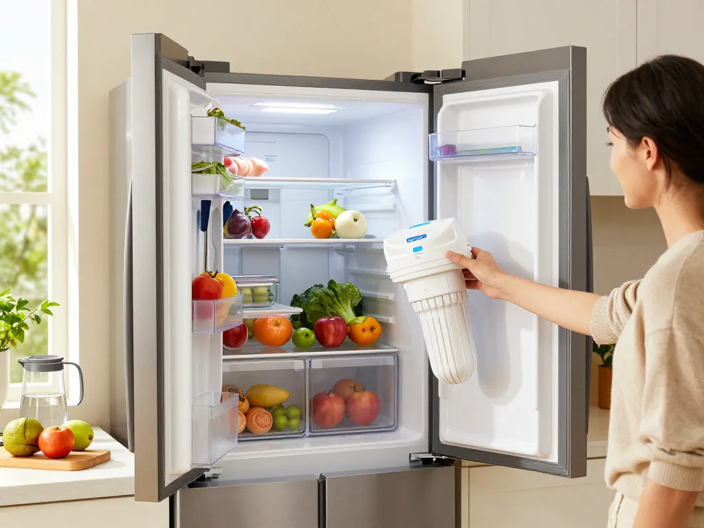 Installing the Waterdrop LT1000PC ADQ747935 MDJ64844601 Refrigerator Water Filter in a modern kitchen setting.