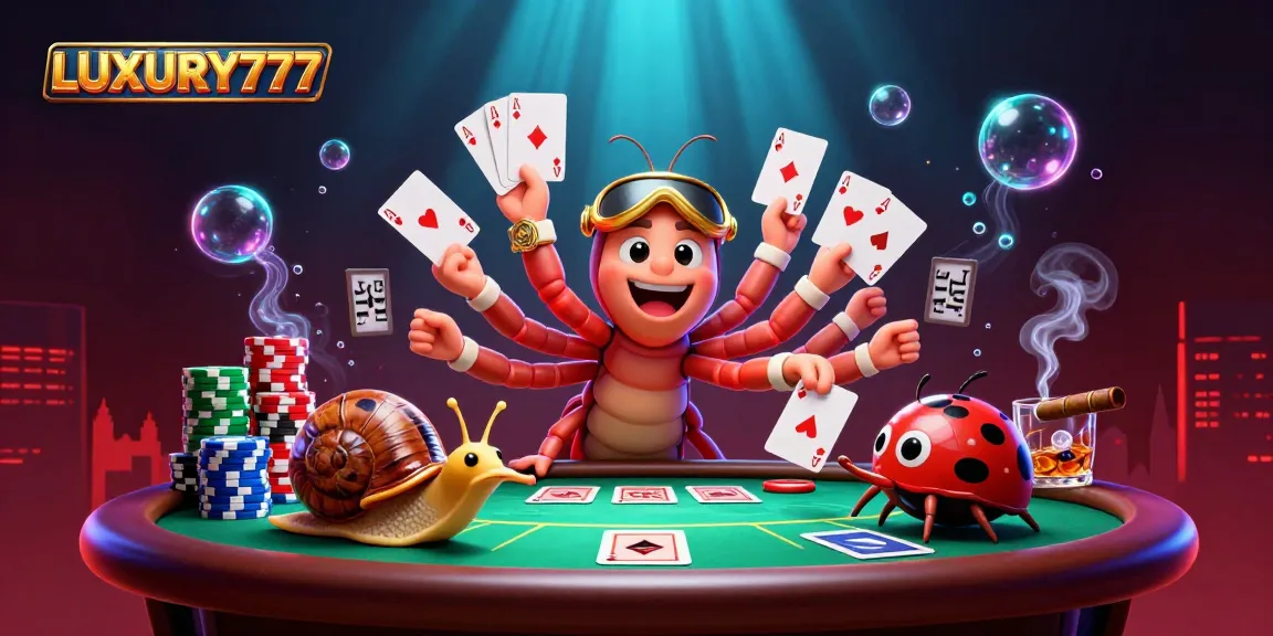 LUXURY777 menampilkan dealer kartun dengan kartu poker dan keripik besar dalam suasana kasino yang meriah.