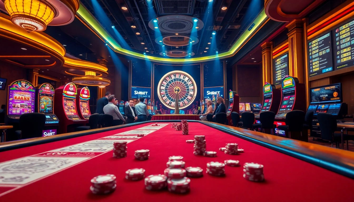 Experience high-stakes gambling at SHBET with vibrant casino visuals showcasing poker tables and slot machines.