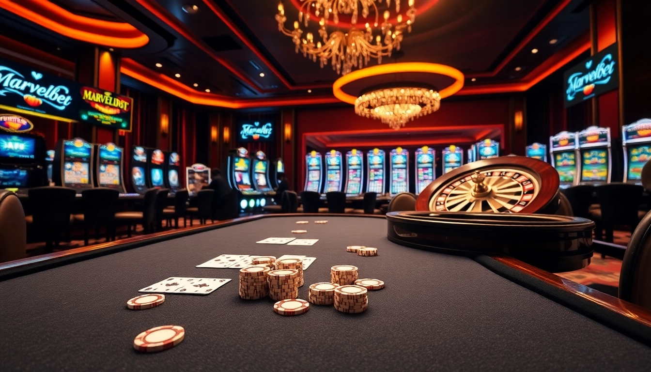 Marvelbet gaming scene featuring a luxurious poker table with chips and cards, highlighting excitement.