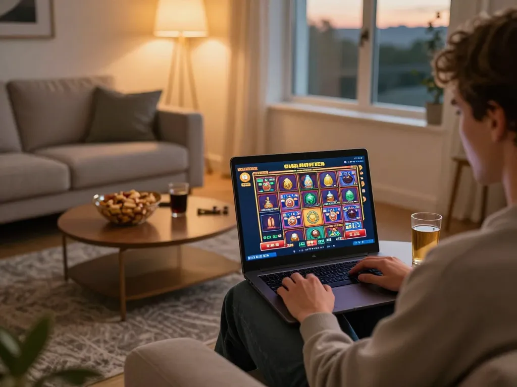 Engaged player enjoying 123b online slots in a cozy home environment with vibrant game screen.
