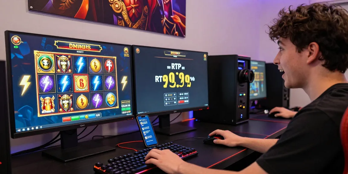 Exciting Zeus Slot gaming scene, showcasing a user winning with vibrant graphics and gaming setup.