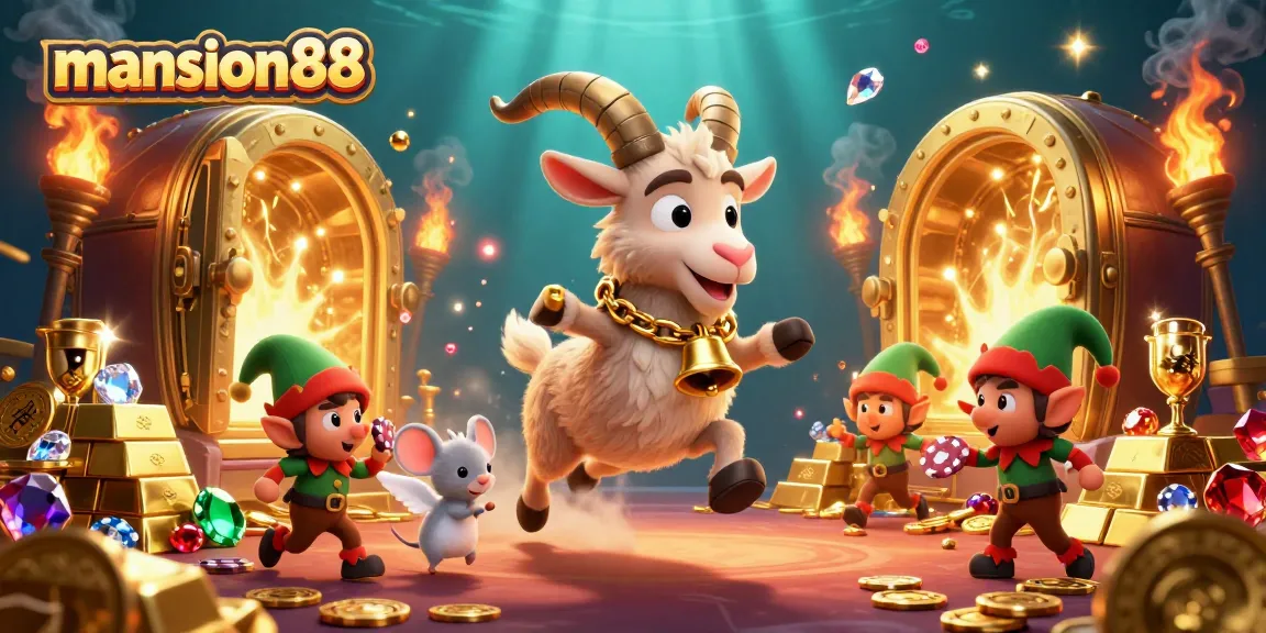 Experience the excitement of mansion88 with playful characters in a vivid casino scene filled with treasures.