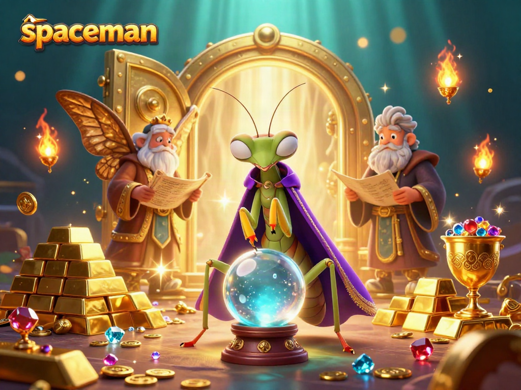 Spaceman character engaging players with vibrant casino treasures and mystical elements, featuring a lavish scene.