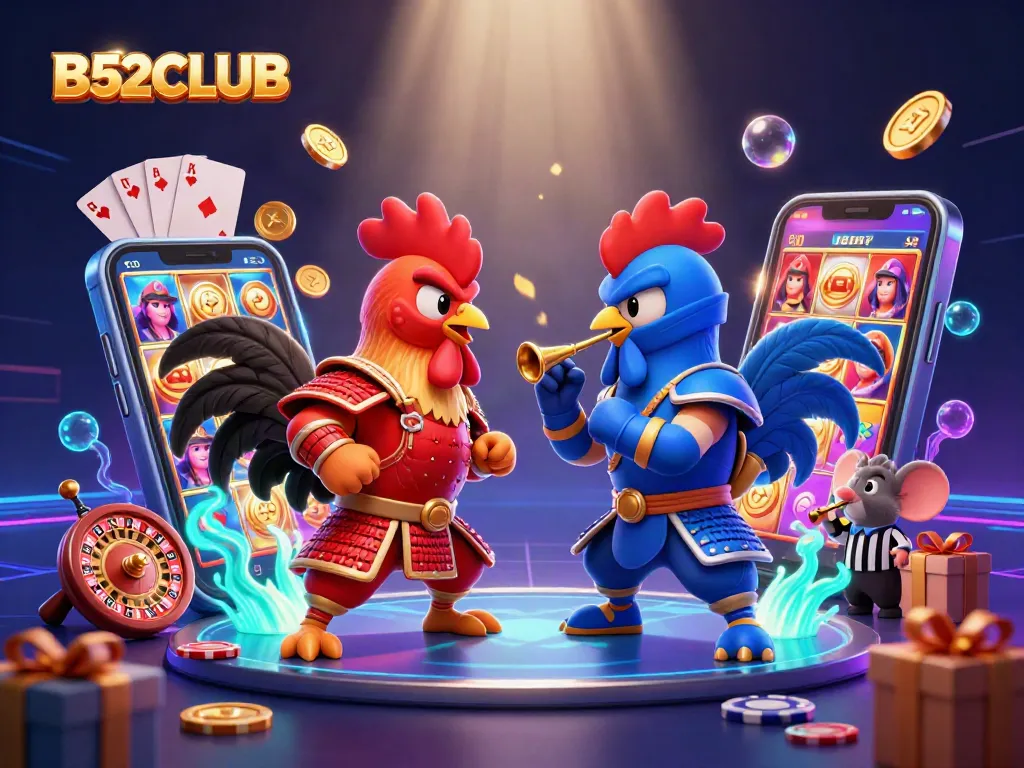 B52CLUB showcases thrilling cartoon roosters in a gambling duel amid dynamic casino elements.