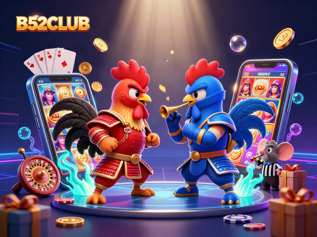 B52CLUB showcases thrilling cartoon roosters in a gambling duel amid dynamic casino elements.