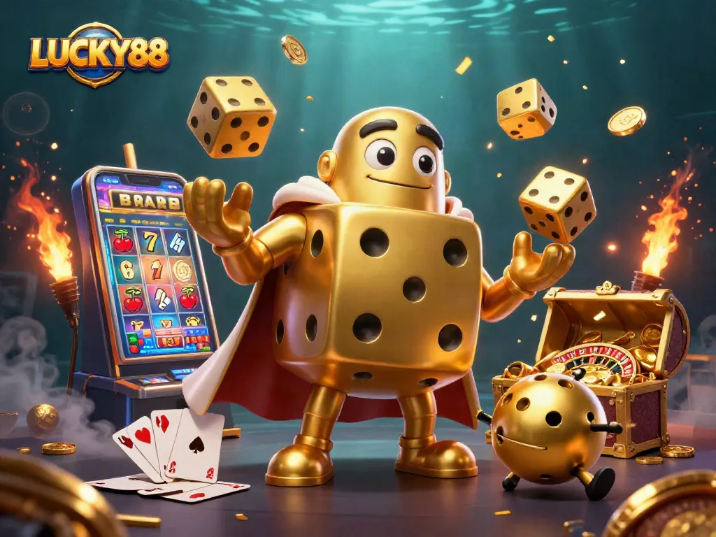 LUCKY88 unleashes excitement with golden dice and a vibrant slot machine in an engaging casino scene.