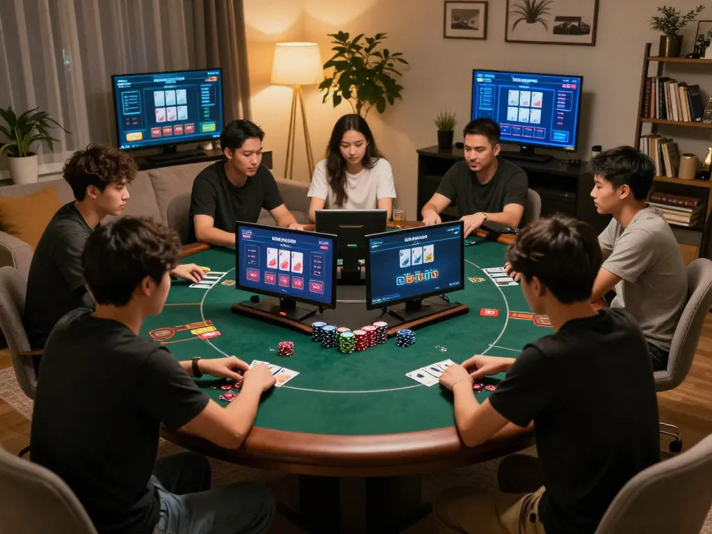 Engaged players at an online poker game with the w 88 interface visible, showcasing strategic gameplay in a cozy home setting
