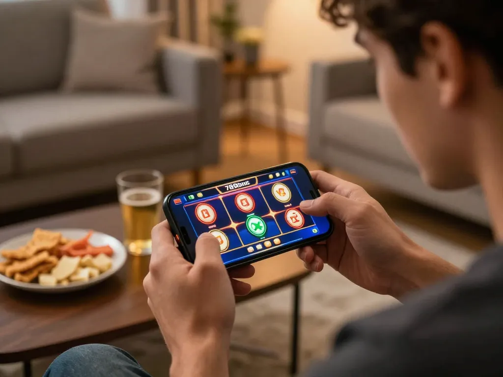 Engaged player enjoying slots at nhà cái 789bet, highlighting smartphone gameplay.
