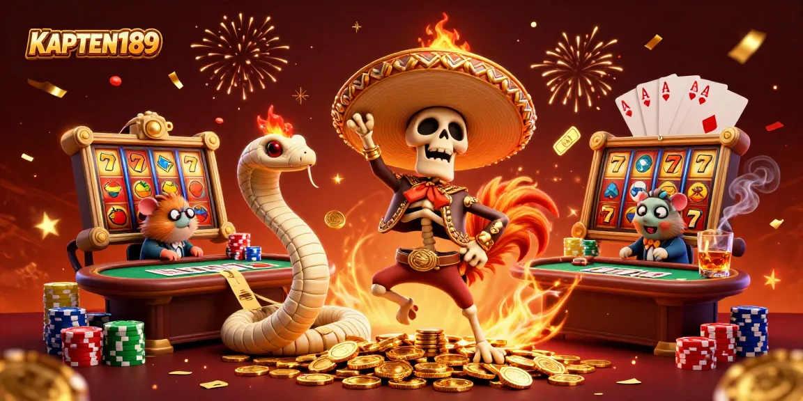 KAPTEN189 menghadirkan ilustrasi kasino dengan karakter skeleton dan slot jackpot dalam suasana meriah.
