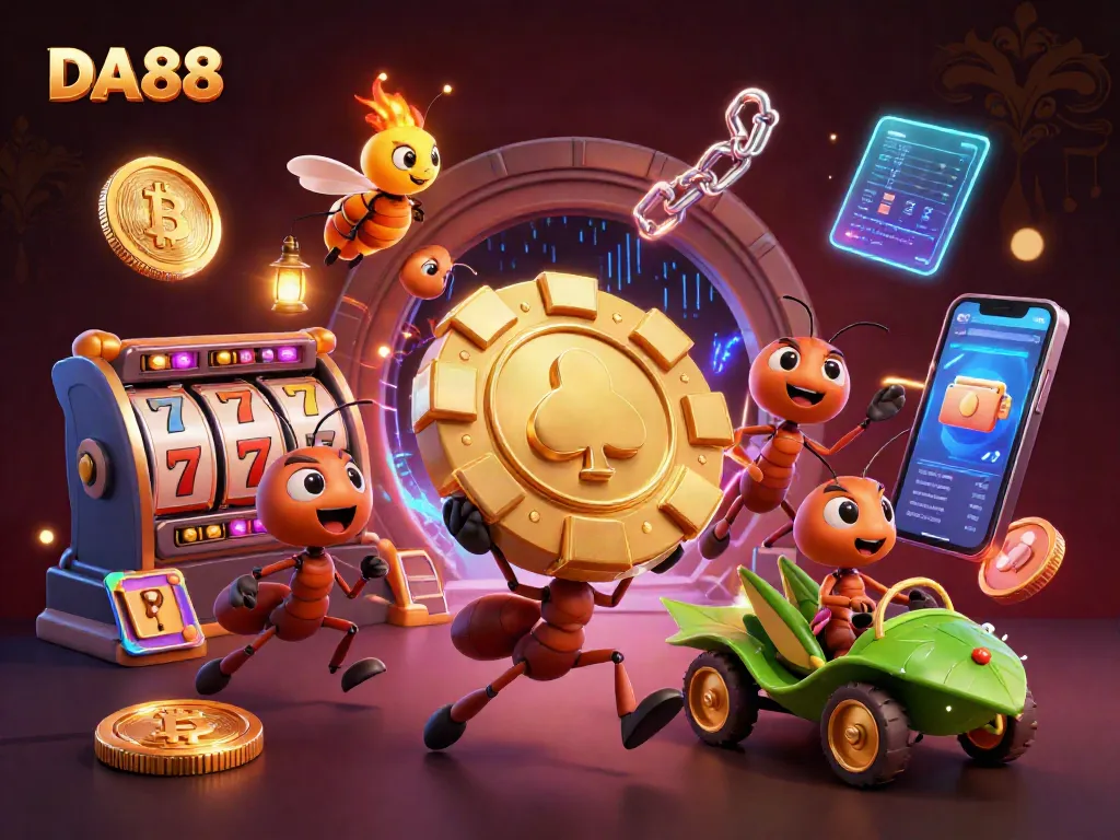 Ants execute a thrilling heist at DA88, showcasing vibrant gaming and cryptocurrency elements.