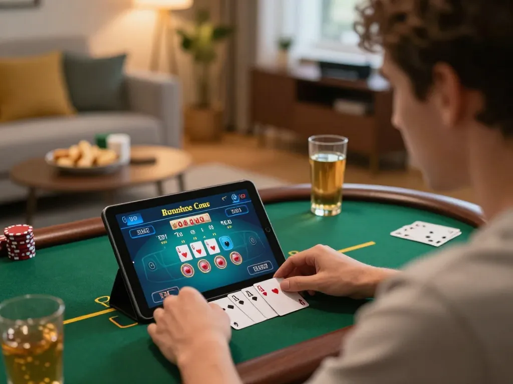 Player engaging in live dealer blackjack on open88 tablet, enjoying a cozy gaming experience at home