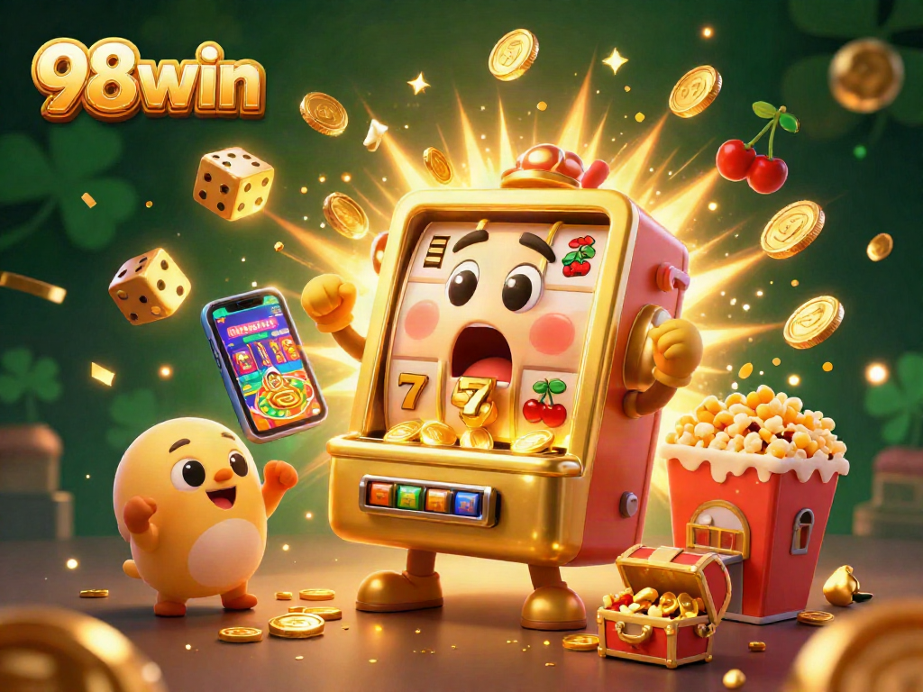 Engage with 98win's exciting jackpot scene featuring a golden slot machine pouring coins while baby machines cheer.