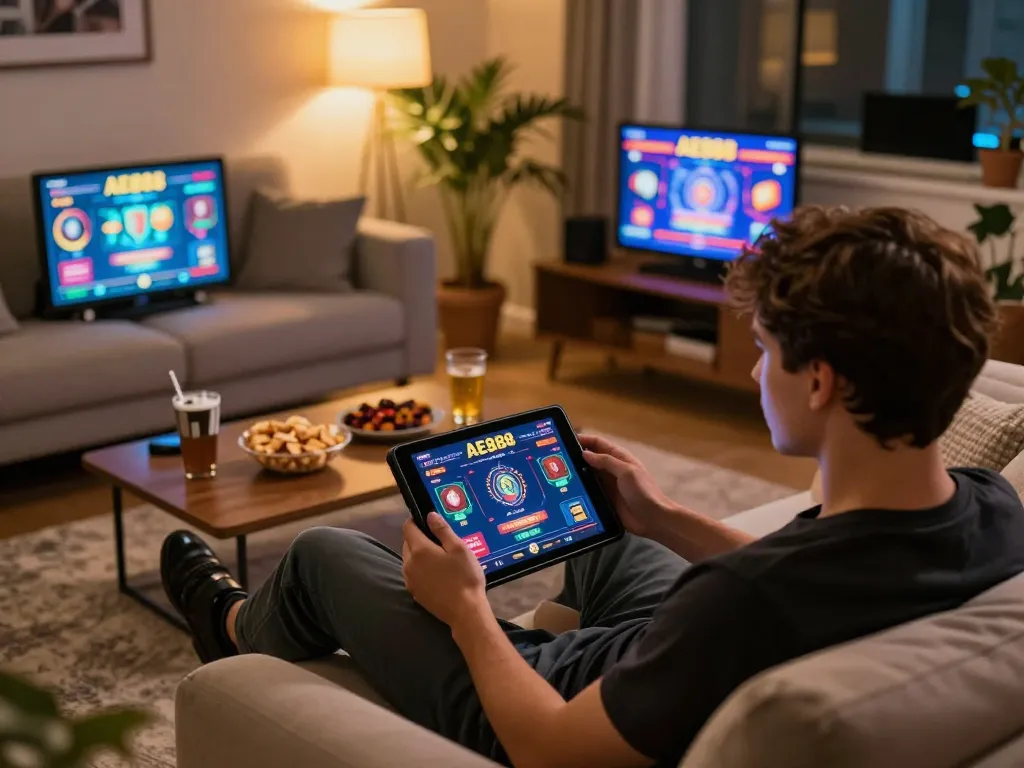 Engaging with AE888’s online casino platform during a cozy home gaming session