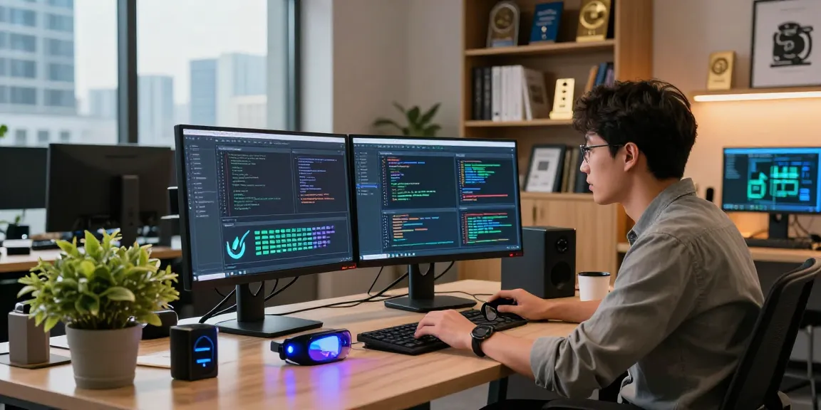 Developer exploring sex bot AI interfaces in a modern tech workspace.