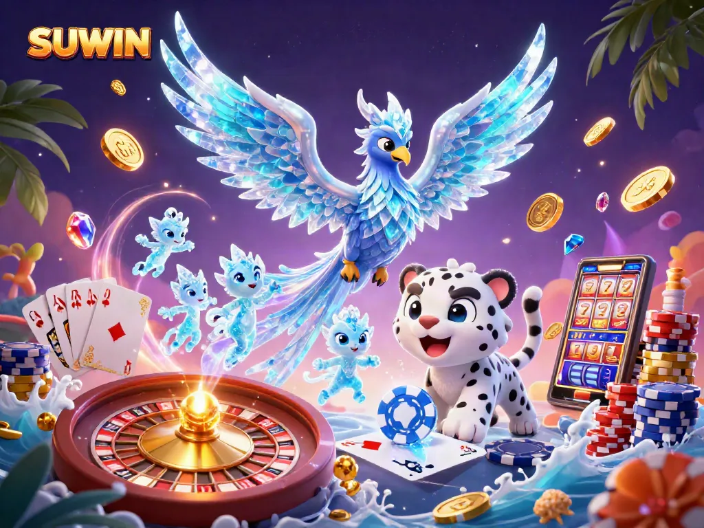 Suwin showcases an exhilarating casino scene with dynamic characters and gaming elements.