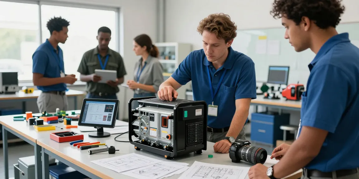 Team examining a Diesel generator model in a workshop, showcasing innovation and engineering.