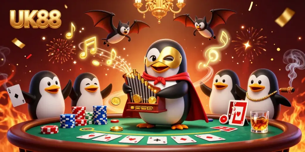 Enjoy thrilling games at UK88 as the phantom penguin plays, surrounded by poker action and celebratory elements.