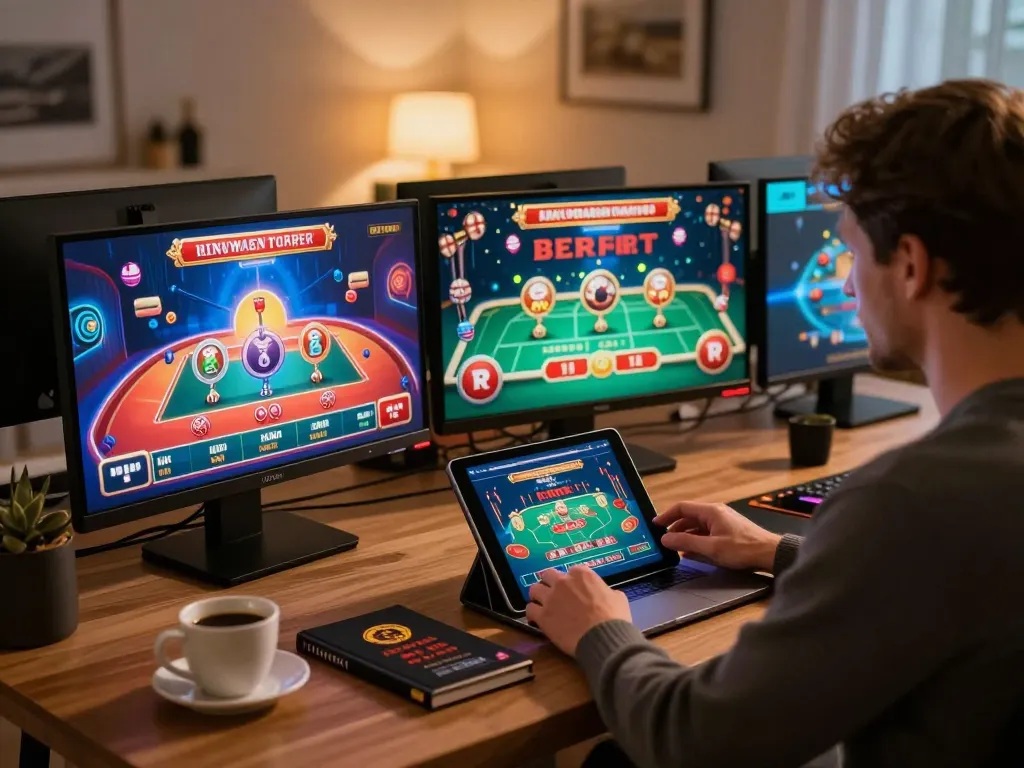 Engaging in strategic online gaming with keonhacai 5 displayed on multiple screens.