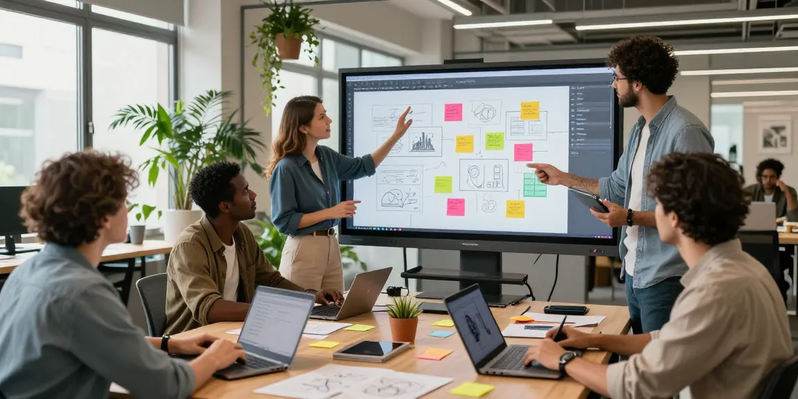 Collaboration in action with mixboard ai during a creative brainstorming session in a vibrant office.
