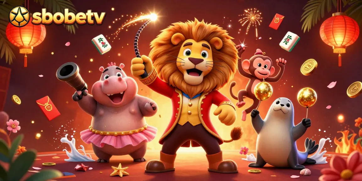 Experience thrilling games with sbobetv in a vibrant, action-packed casino scene with lively characters.