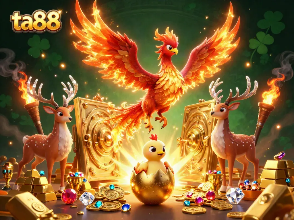Experience ta88 with vibrant 3D phoenix and treasures in a dynamic casino setting.