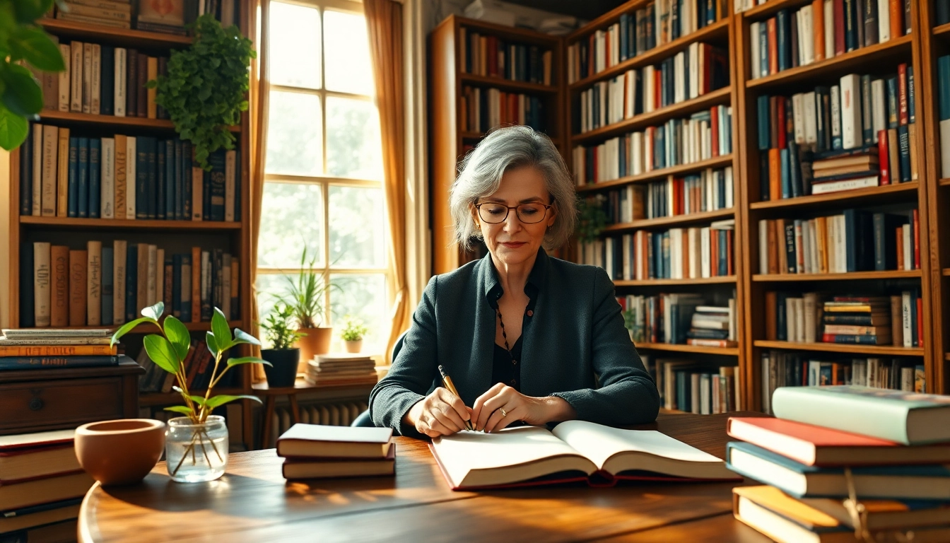 Author writing in a cozy study, surrounded by books and natural light.