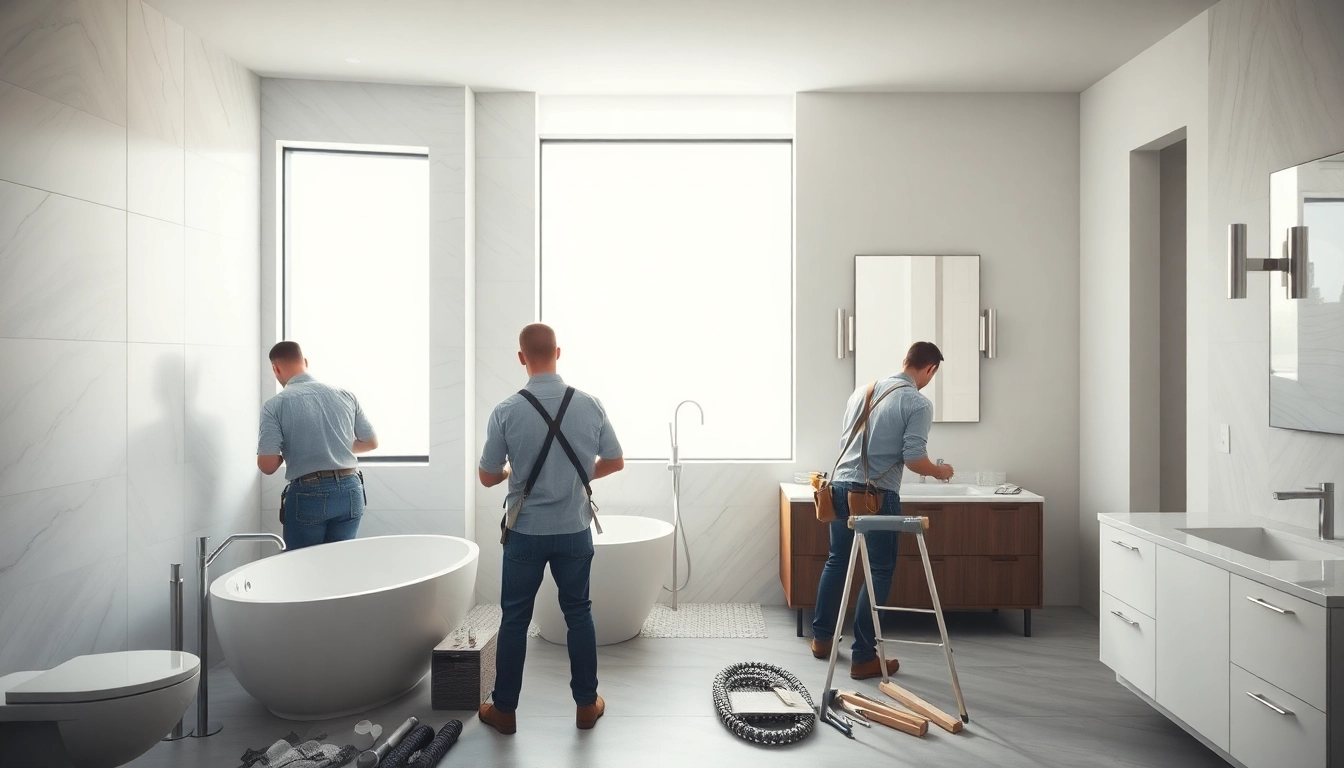 Skilled bathroom remodeling contractors at work, transforming a stylish bathroom space.