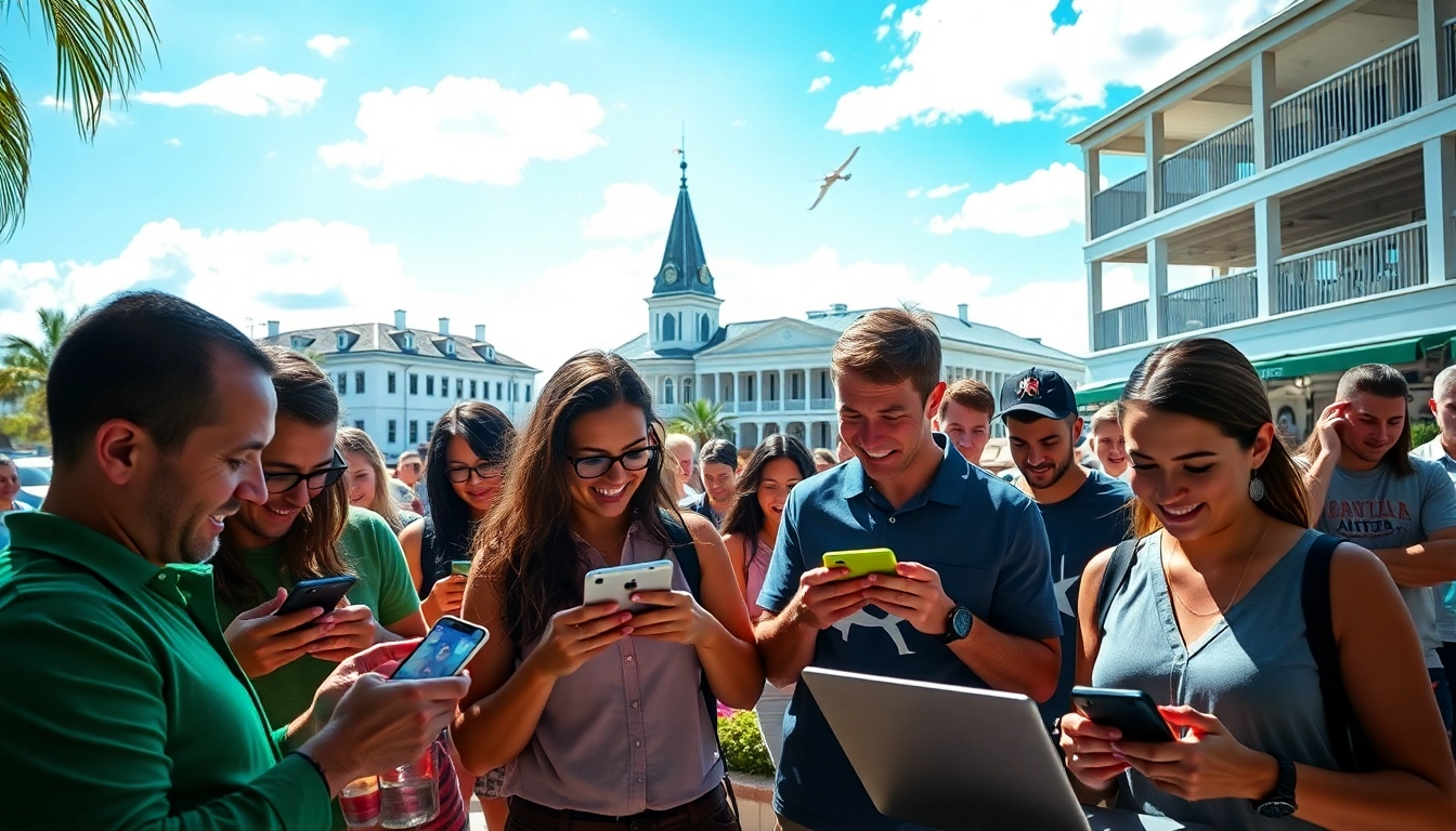 Engaged individuals exploring online sports betting South Carolina in a lively Southern setting.