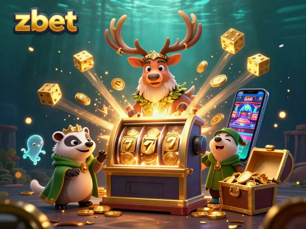 Play exciting games at zbet featuring a fantasy scene with a slot machine bursting with coins.