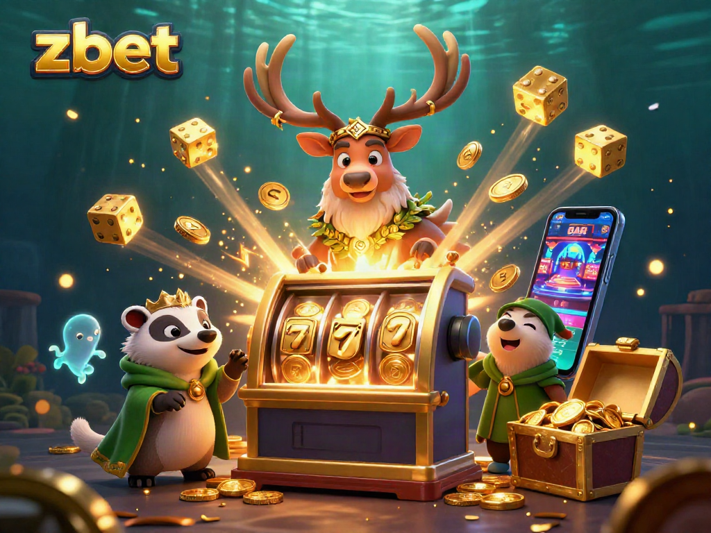 Play exciting games at zbet featuring a fantasy scene with a slot machine bursting with coins.