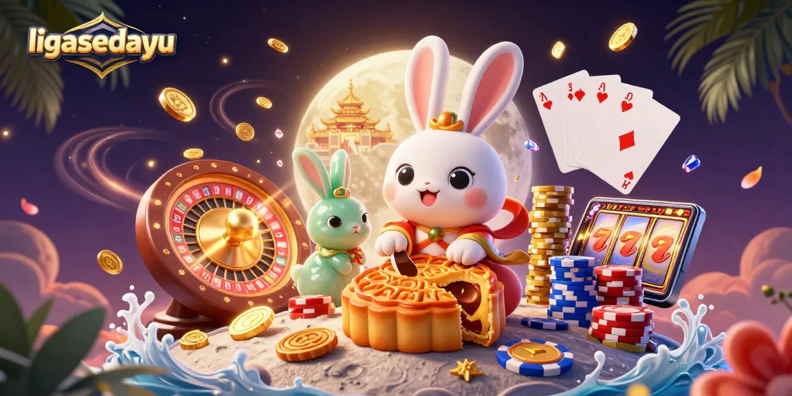 Spin to win at ligasedayu with magical moon rabbits unleashing poker chips in a vibrant casino scene!