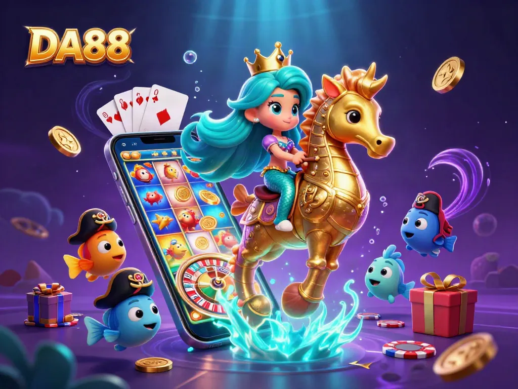 Engage with DA88's exciting slots featuring vibrant characters and bonus rewards in this dynamic casino illustration.