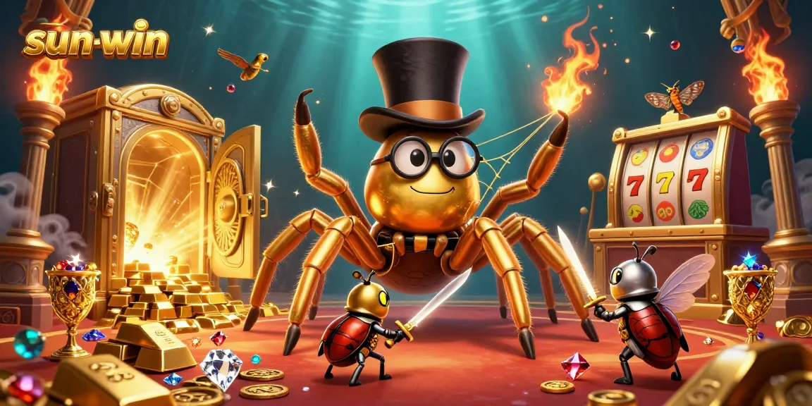 Experience the excitement of sun-win as a brave beetle knight faces a golden tarantula in a casino realm.