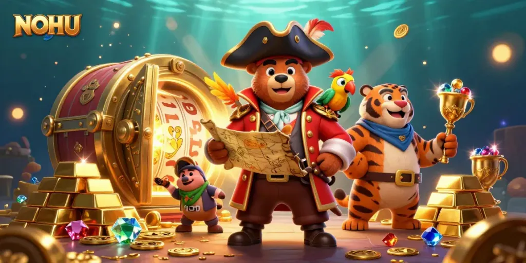 Experience thrilling wins at NOHU with a dynamic 3D casino-themed illustration featuring pirate characters and treasure.
